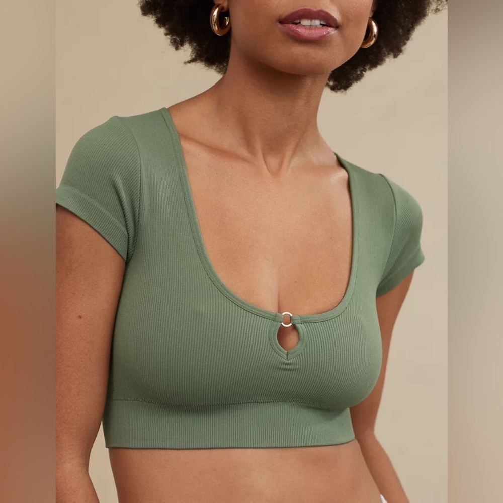 🆕 Aerie | Superchill Seamless Ring Cap Sleeve Bra Top in Olive Fun Size XL